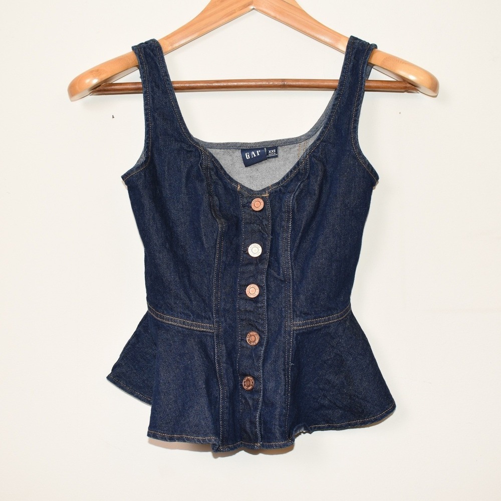 Gap Denim Peplum Denim Top Button Front Blouse Dark Wash‎ XXS Structured